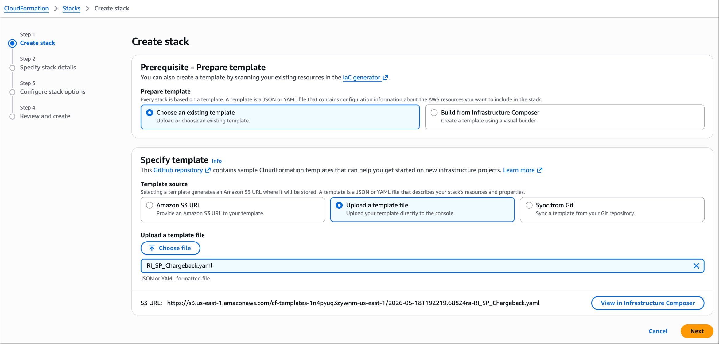 AWS Billing Conductor console showing the Custom Line Items page with 5 items for the April 2026 billing period. Line items include Savings Plans and Reserved Instance proportional discount credits with flat charges ranging from -$15.59 to -$281.47, assigned to BillingGroup1 and BillingGroup2.